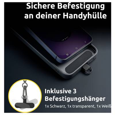 Ein Smartphone-Gehäuse mit sicherer Befestigungsfunktion, gezeigt mit einem Telefon im Inneren. Enthält drei Befestigungshaken in Schwarz, Transparent und Weiß. Text auf Deutsch bewirbt die sichere Telefongehäuseanbringung.