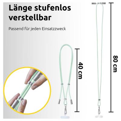 Verstellbare Handy-Umhängeband mit einem mintgrünen Seil, das in zwei Längen gezeigt wird: 40 cm und 80 cm. Text lautet 'Länge stufenlos verstellbar'.