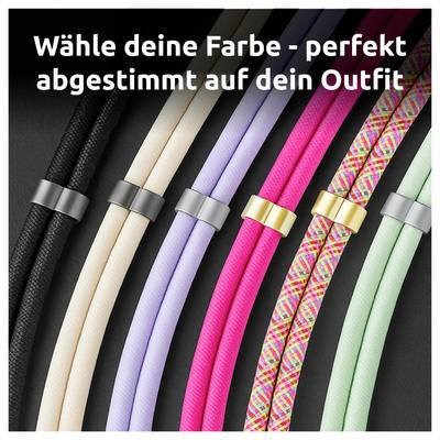 Various colored phone straps displayed with text: 'Wähle deine Farbe - perfekt abgestimmt auf dein Outfit'.<br><br>(Note: The provided text is already in German, so no translation is needed.)