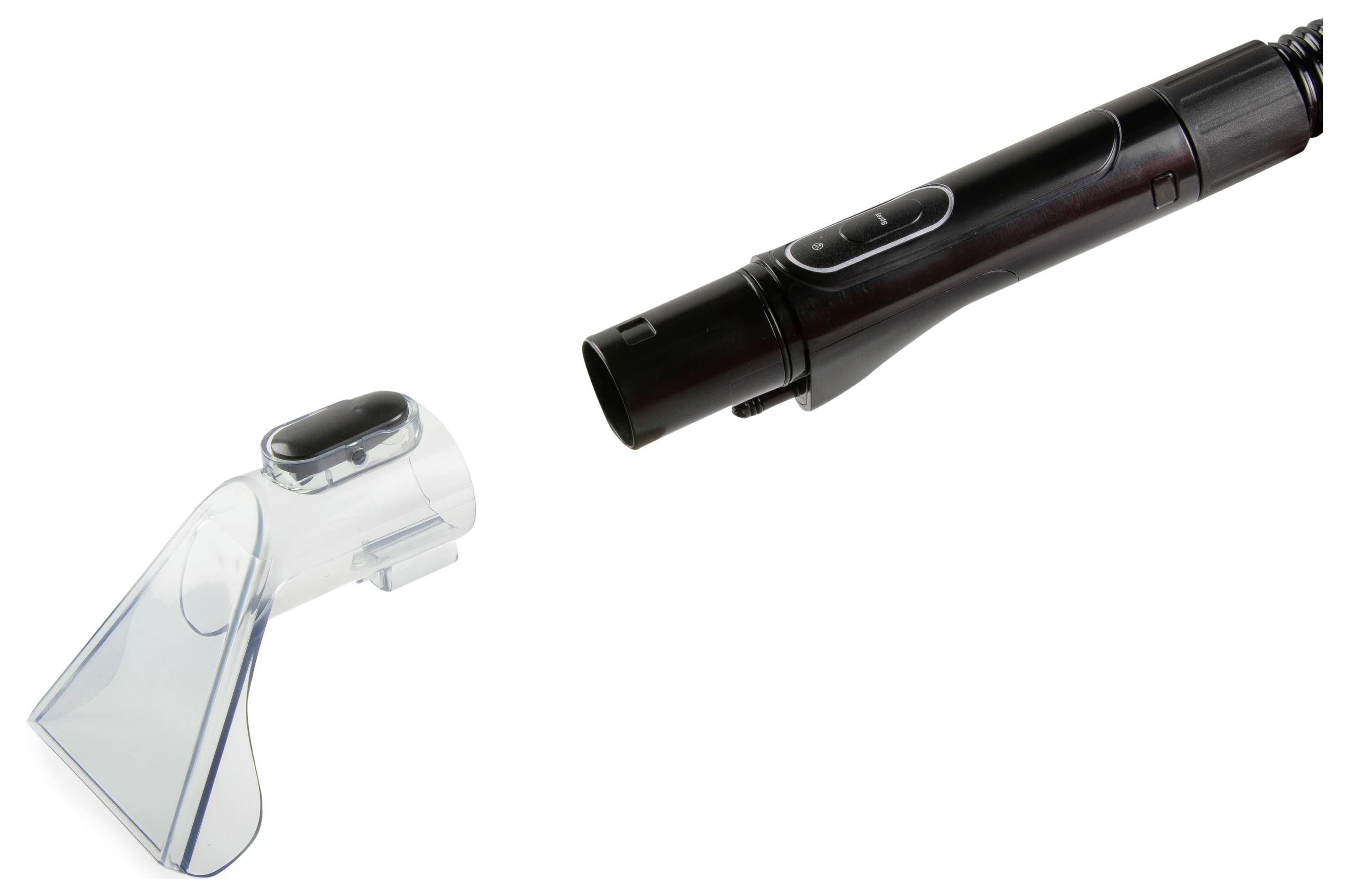 Ein Staubsaugeraufsatz mit einer durchsichtigen Düse und einem schwarzen Griff, gedacht zum Reinigen von Polstermöbeln oder kleinen Bereichen, vor einem weißen Hintergrund.