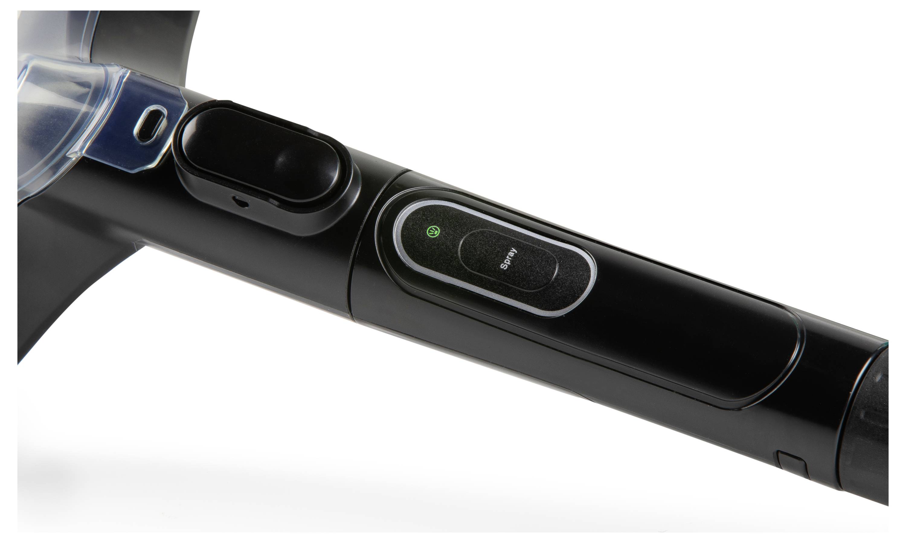 Eine Nahaufnahme des Griffs eines schwarzen Staubsaugers mit Einschaltknopf und Bedienfeld, wobei ein Teil des transparenten Staubbehälters zu sehen ist.