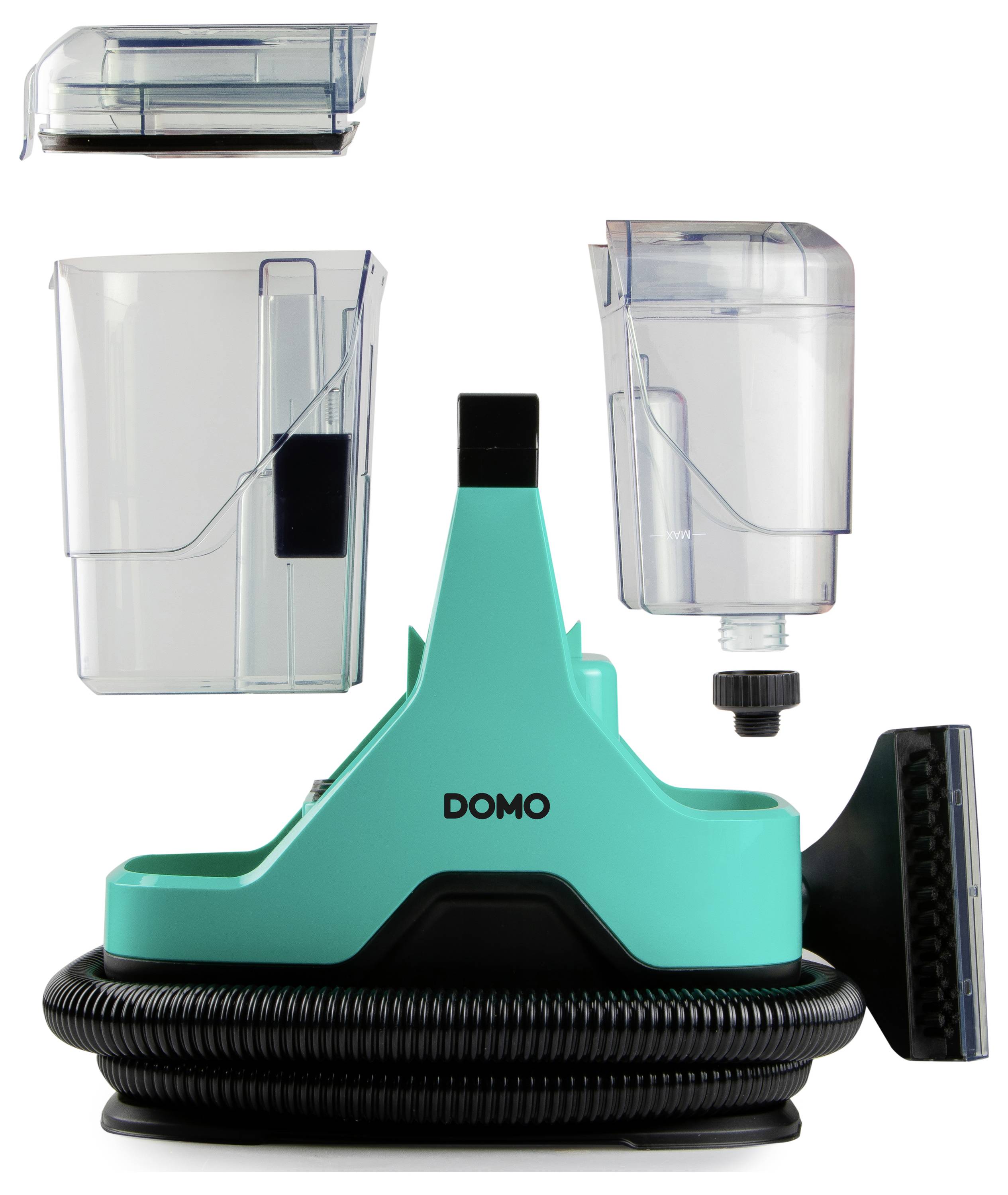 DOMO tragbares Reinigungsgerät mit abnehmbaren Wassertanks und Schlauch, entwickelt für einfache Handhabung und Aufbewahrung.