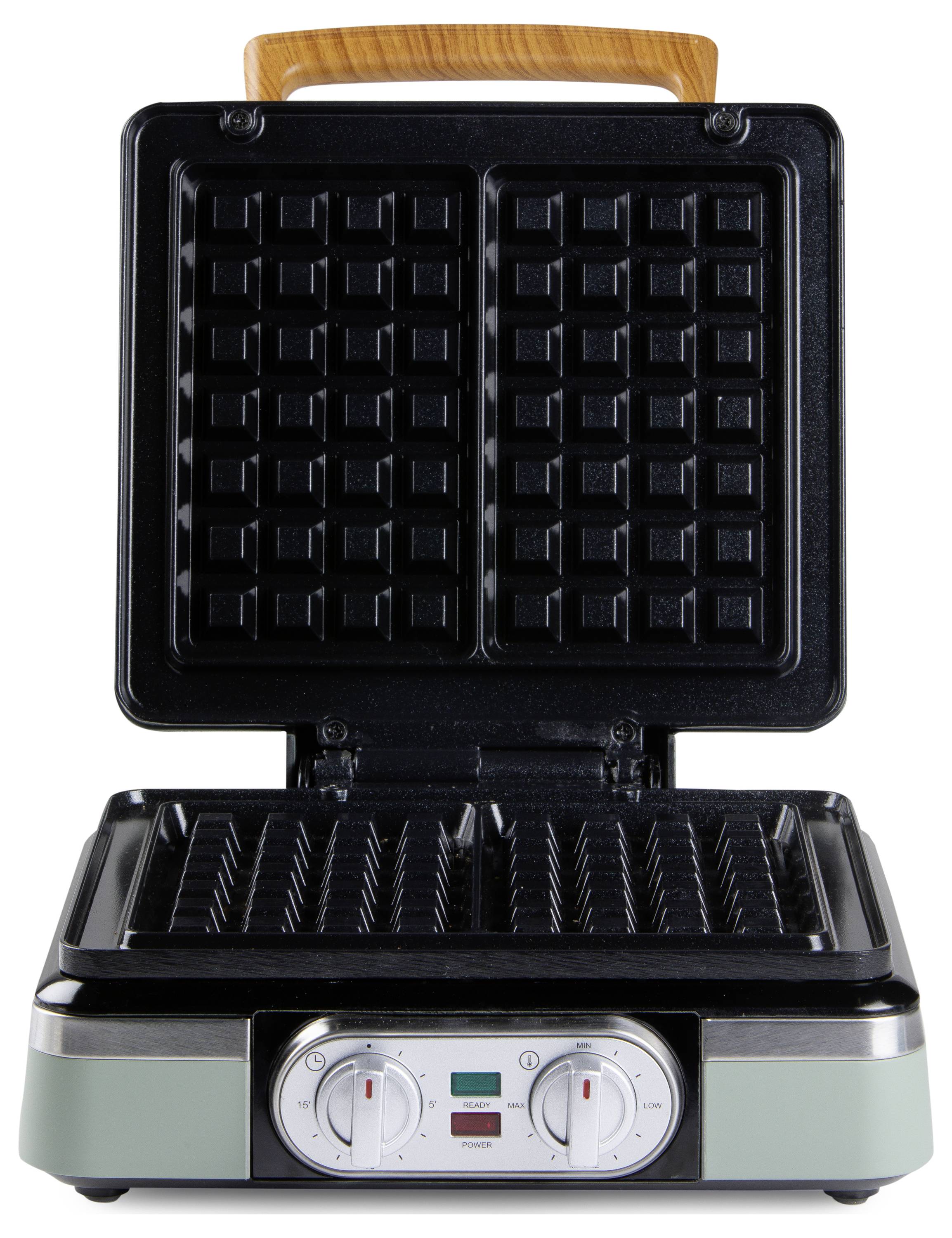 Waffeleisen mit geöffnetem Deckel, auf dem Waffelplatten, ein Holzgriff und Frontbedienelemente mit Temperatur- und Timerdrehreglern zu sehen sind.