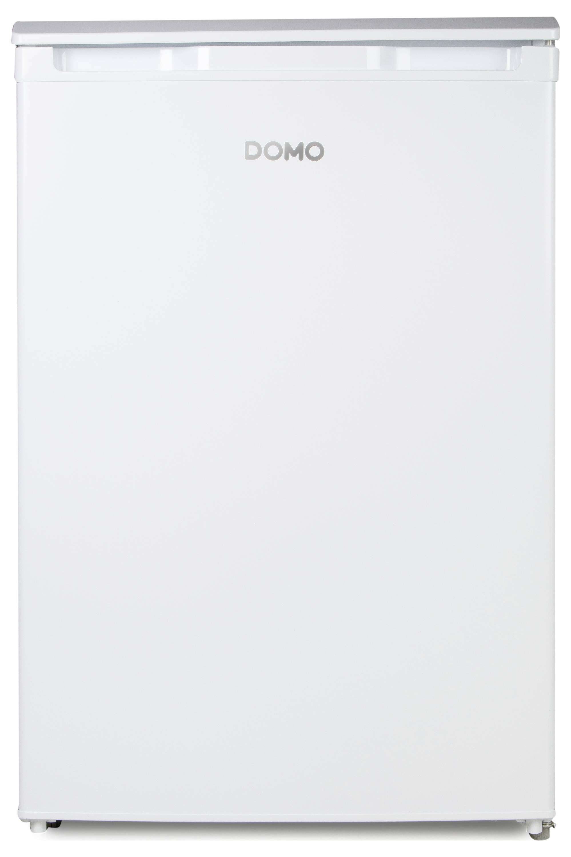 Ein weißer, frontal ausgerichteter Kühlschrank mit dem Markennamen 'DOMO' im oberen Bereich. Das Design ist schlicht und minimalistisch.