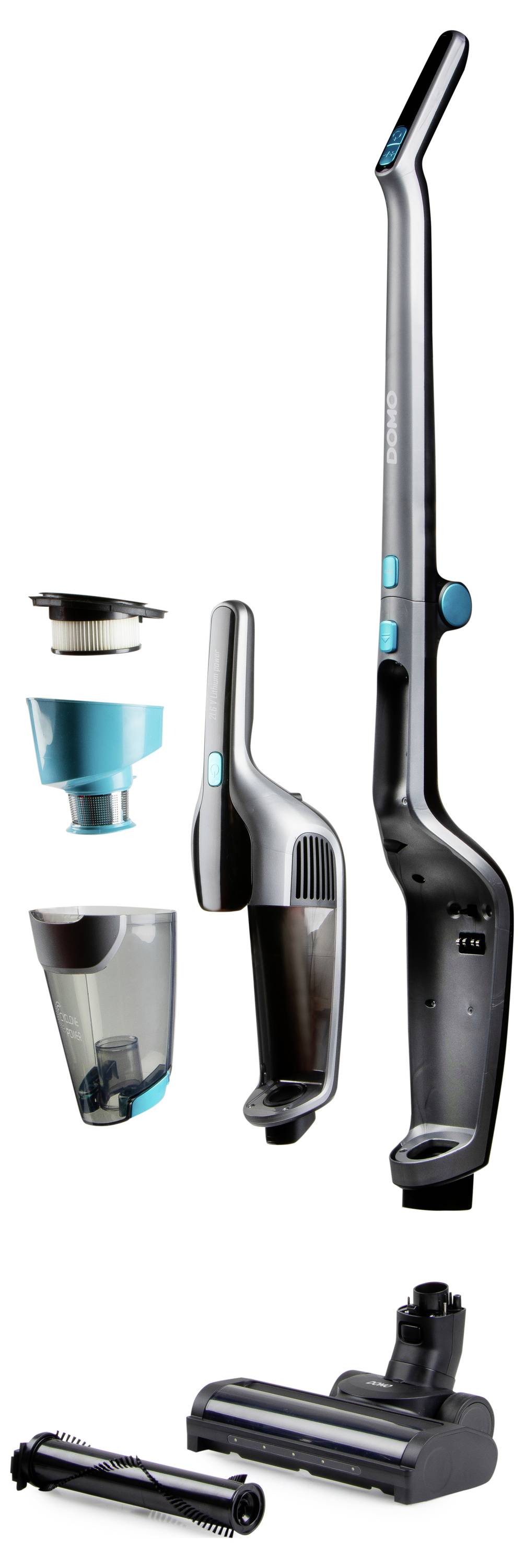 Ein kabelloser Staubsauger mit abnehmbaren Teilen, einschließlich Griff, Staubbehälter, Filter und Bodendüse, separat dargestellt.