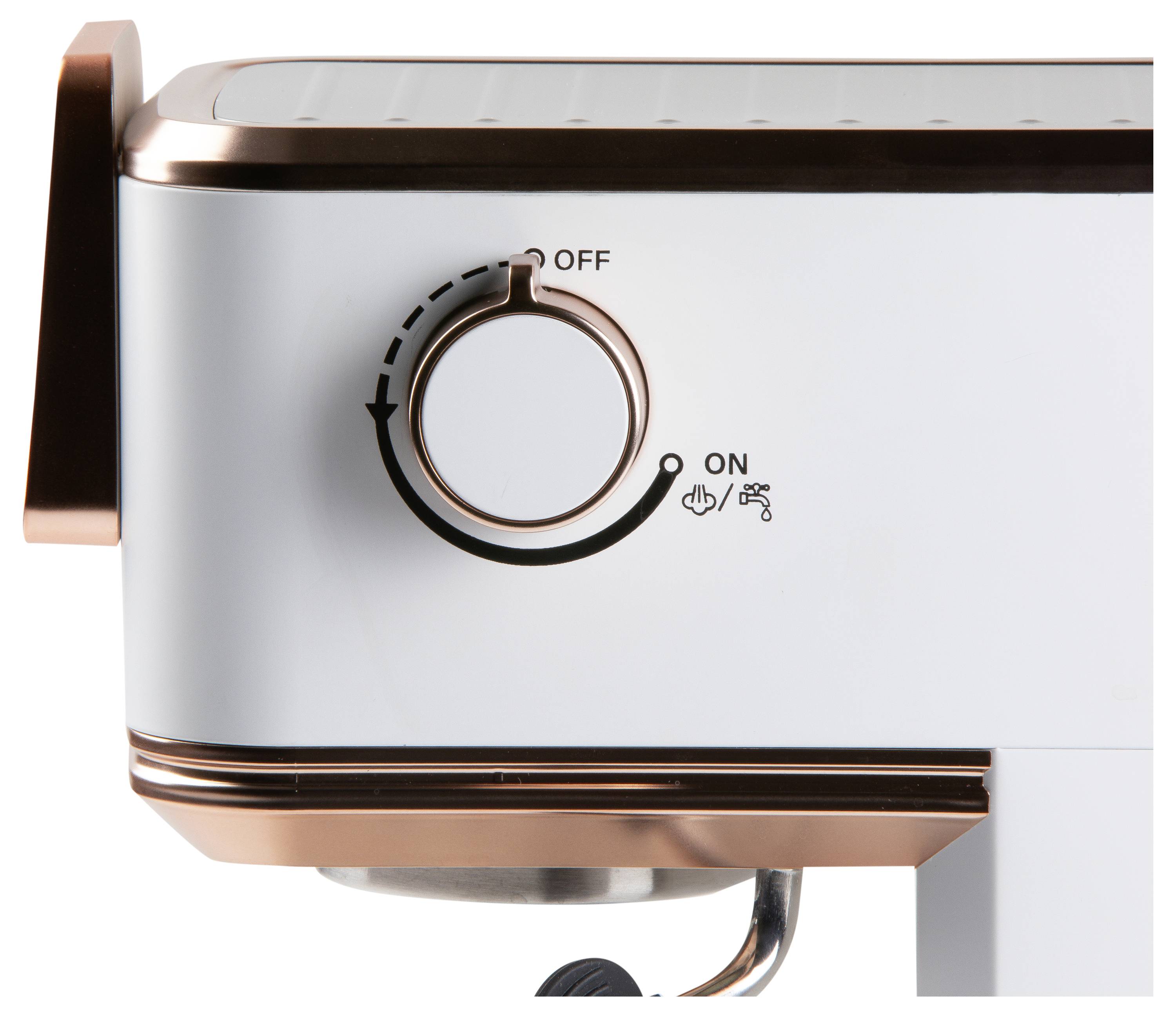 Nahaufnahme eines Geräts mit einem Wahlschalter, der die Einstellungen "Aus" und "Ein" zeigt. Das Design umfasst Symbole für Ton- und taktile Rückmeldung.