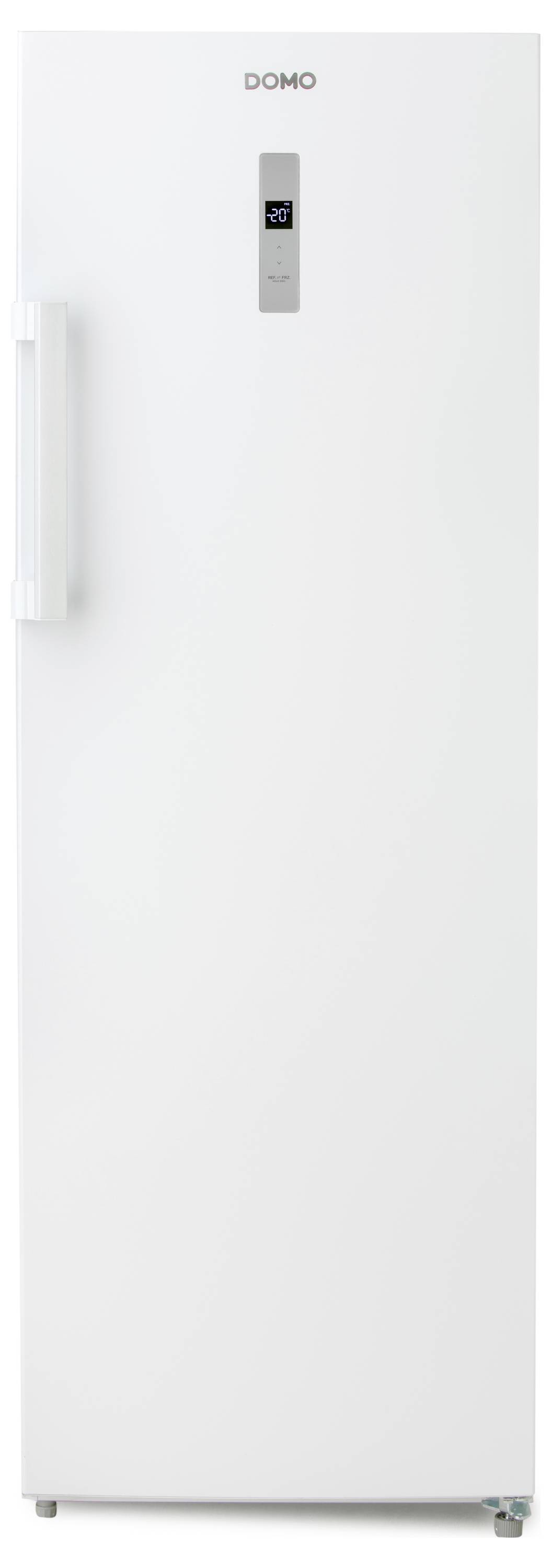 Ein hoher, weißer Kühlschrank mit elegantem Design und einem Griff an der linken Seite. Der Markenname ist im oberen Frontbereich sichtbar.