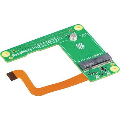'Raspberry Pi M.2 HAT' grüne Leiterplatte mit einem orangefarbenen Kabel.