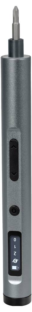 Ein schlanker, grauer elektrischer Schraubendreher mit einer digitalen Anzeige und Steuerungstasten am Griff, konzipiert für präzise Arbeiten.