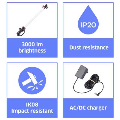 LED-Arbeitsleuchte mit 3000 lm Helligkeit, IP20-Staubschutz, IK08-Stoßfestigkeit und mit AC/DC-Ladegerät.