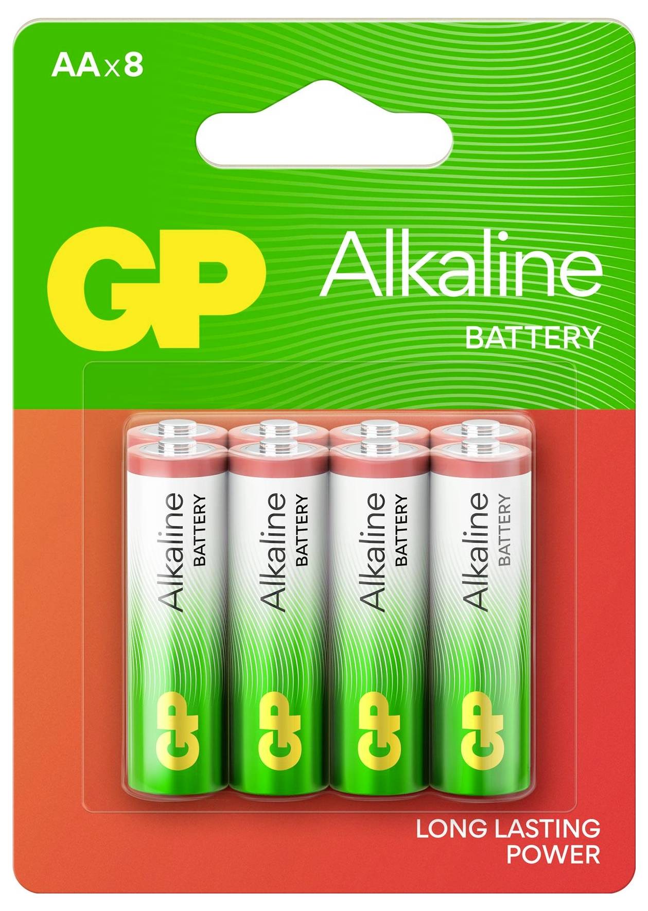 'Packung mit vier AA Alkaline-Batterien der Marke GP, hervorgehoben durch grünen Hintergrund und "LONG LASTING POWER" Schriftzug unten.'