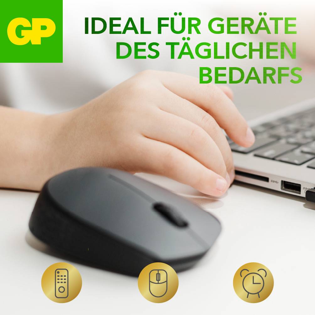 Eine Hand bedient eine Computermaus neben einer Tastatur. Text: 'Ideal für Geräte des täglichen Bedarfs'. Symbole für Technologie und Zeitersparnis.