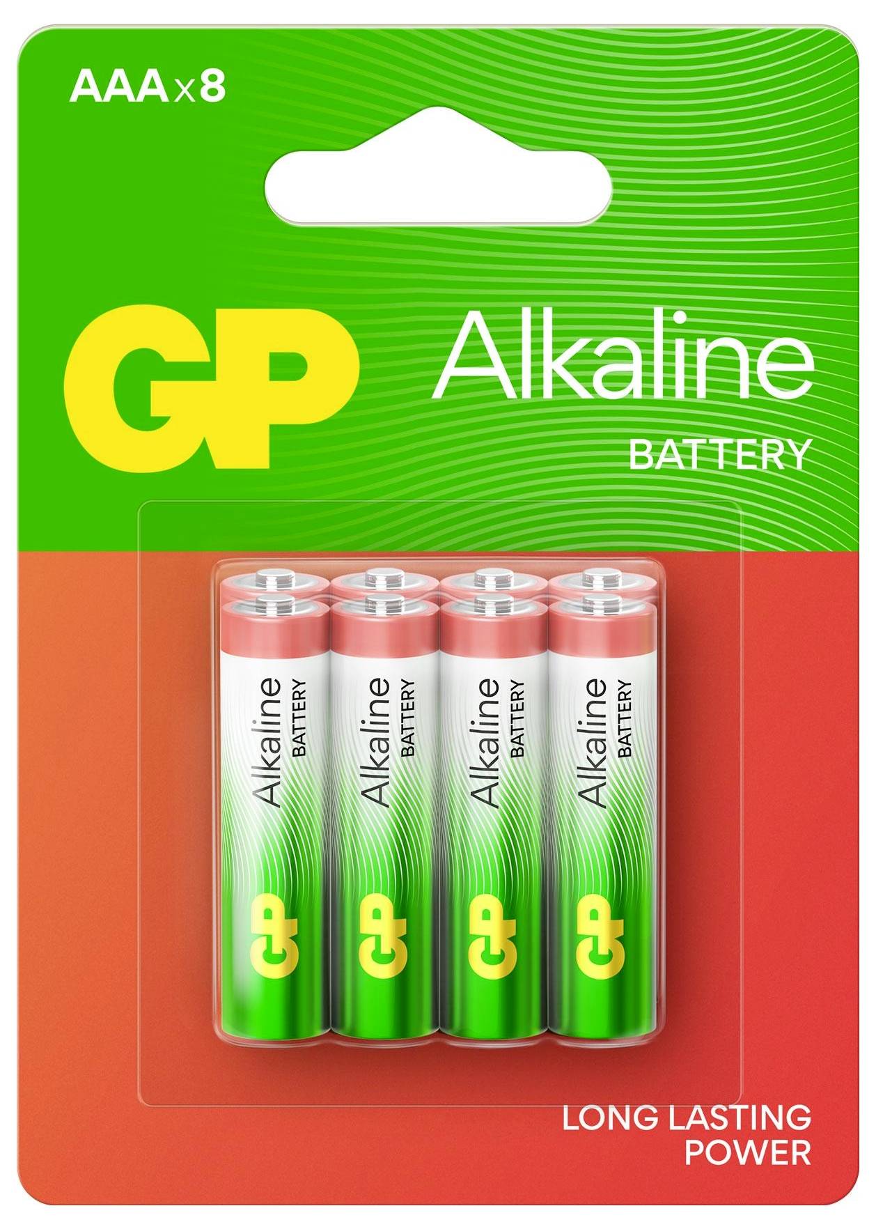 Vier AAA-Alkalibatterien von GP in einer Verpackung. Text: 'Alkaline Battery', 'AAA x8', 'Long Lasting Power'.
