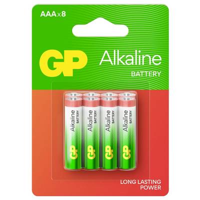 Vier AAA-Alkalibatterien von GP in einer Verpackung. Text: 'Alkaline Battery', 'AAA x8', 'Long Lasting Power'.