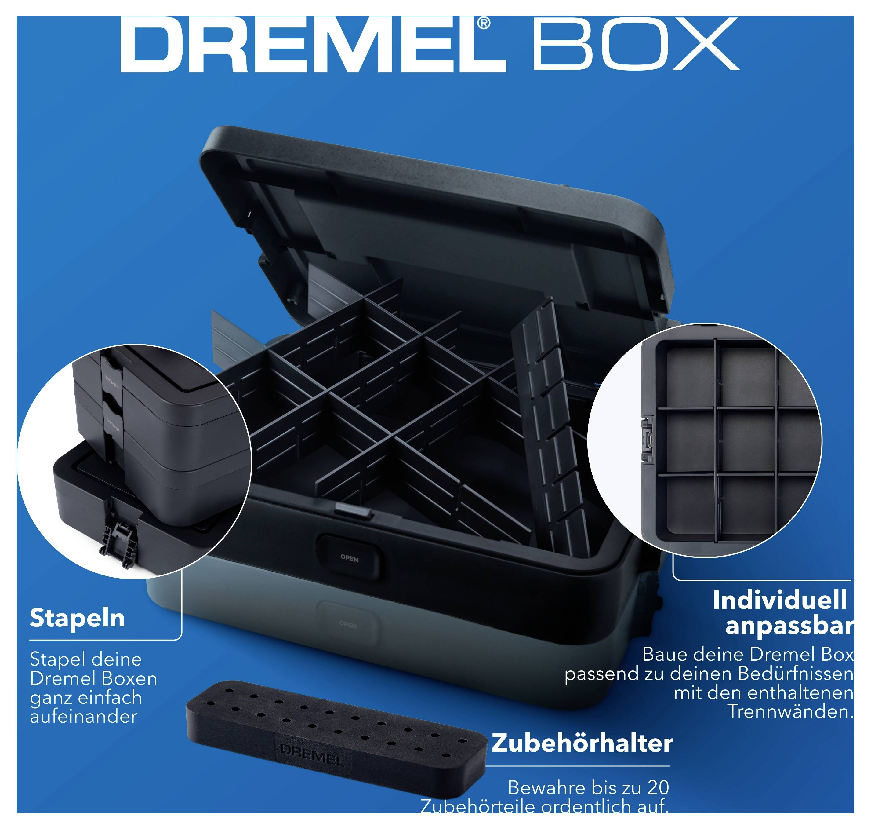 Bild einer geöffneten Dremel-Box mit herausnehmbaren Trennwänden für individuellen Stauraum. Zusätzliche Merkmale umfassen Stapelbarkeit und einen Zubehörhalter für bis zu 20 Teile.