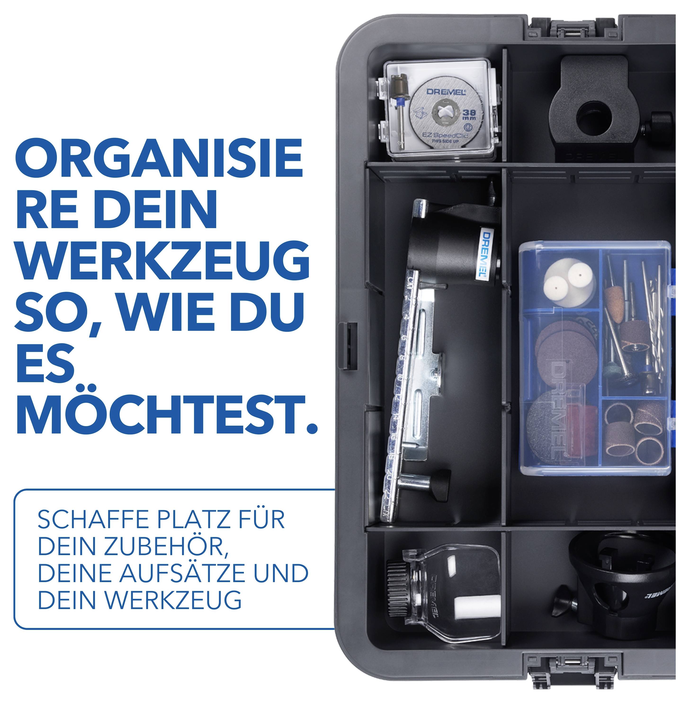 Ein offener Werkzeugkoffer mit verschiedenen Fächern, in denen Gegenstände wie ein Maßband und kleine Behälter aufbewahrt werden. Der Text auf Deutsch ermutigt dazu, Werkzeuge zu organisieren und Platz für Zubehör zu schaffen.