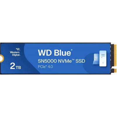 WD Blue SN5000 NVMe SSD mit 2 TB Kapazität, PCIe 4.0-Technologie; ausgestattet mit einem blauen Etikett mit Markenlogo und Computer-Symbol.