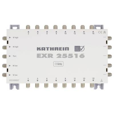 Multischalter für Satelliten 'KATHREIN EXR 25516' mit mehreren Eingangs- und Ausgangsbuchsen, gekennzeichnet für hohe, niedrige und terrestrische Frequenzen.