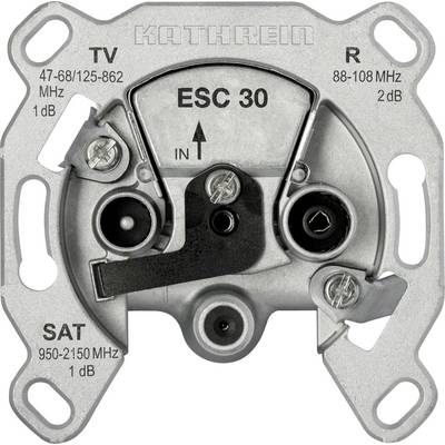 Kathrein ESC 30 Antennendose mit Beschriftungen 'TV', 'R' und 'SAT'. Frequenzbereiche: 47-862 MHz, 88-108 MHz und 950-2150 MHz.