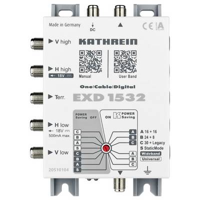 Ein Satelliten-Multischalter-Gerät der Marke Kathrein, Modell EXD 1532, zeigt Eingangs- und Ausgabeverbindungen mit beschrifteten Anschlüssen und Energiesparmöglichkeiten.