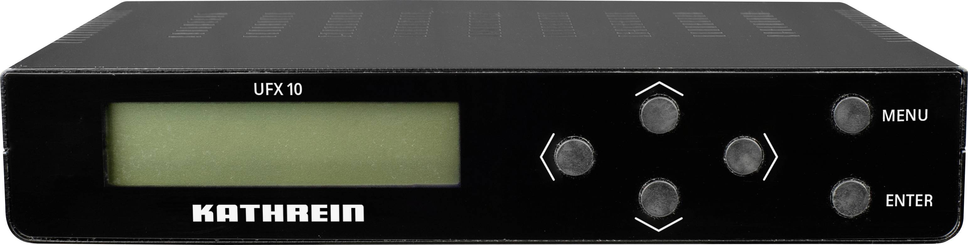 Ein schwarzer Kathrein UFX 10 Digitalempfänger mit einem Displaybildschirm, fünf Navigationstasten, einer "Menü"- und "Enter"-Taste auf der Frontplatte.
