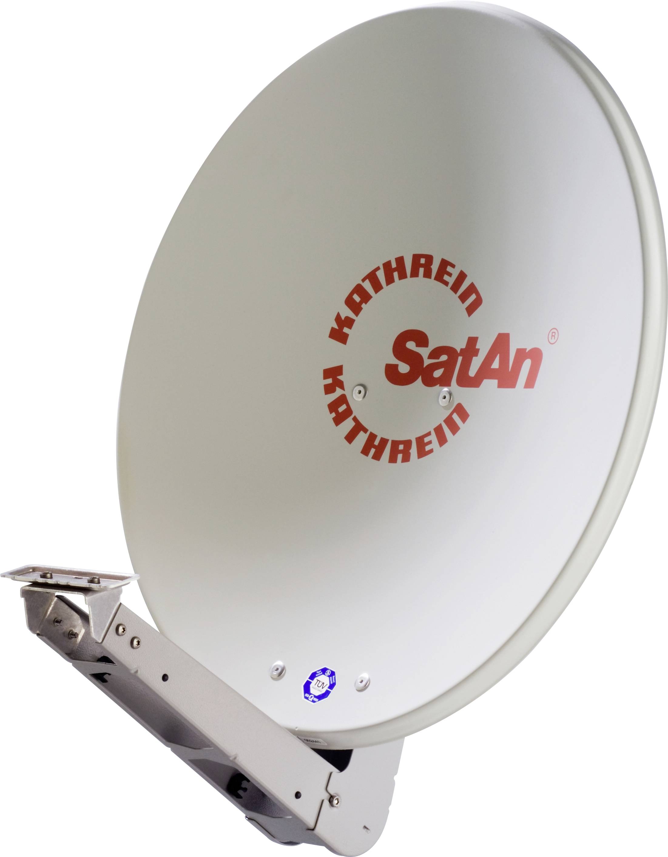 Eine graue Satellitenschüssel der Marke 'Kathrein SatAn', an einem Metallhalter montiert, wahrscheinlich zur Empfangung von Fernseh- oder Radiosignalen verwendet.