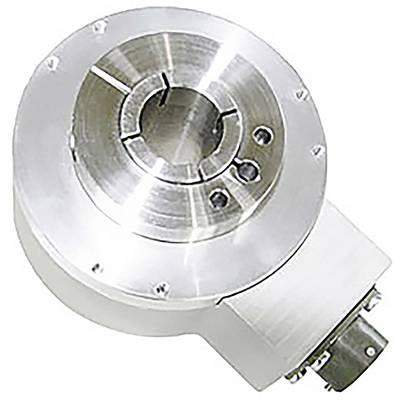 Ein poliertes Metallkreisteil mit einer zentralen Öffnung, mehreren Bohrlöchern und einer seitlichen Anbaukomponente, möglicherweise für mechanische Zwecke.