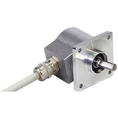 Ein metallischer Drehgeber mit quadratischem Flansch und herausragendem Welle, der über einen Gewindeanschluss mit einem Kabel verbunden ist und zur Bewegungssensorik verwendet wird.