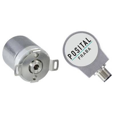 Zwei Encoder mit der Bezeichnung 'Posital Fraba'. Der linke Encoder ist zylindrisch und grau, während der rechte flach ist und einen Anschluss hat.