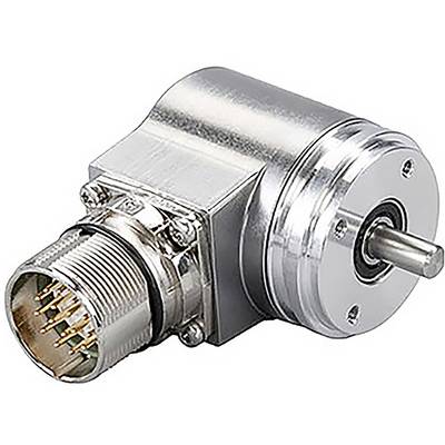 Eine Nahaufnahme eines Metallrotationsgebers, die seine zylindrische Form, den elektrischen Anschluss mit Kontaktstiften und die rotierende Welle zeigt.