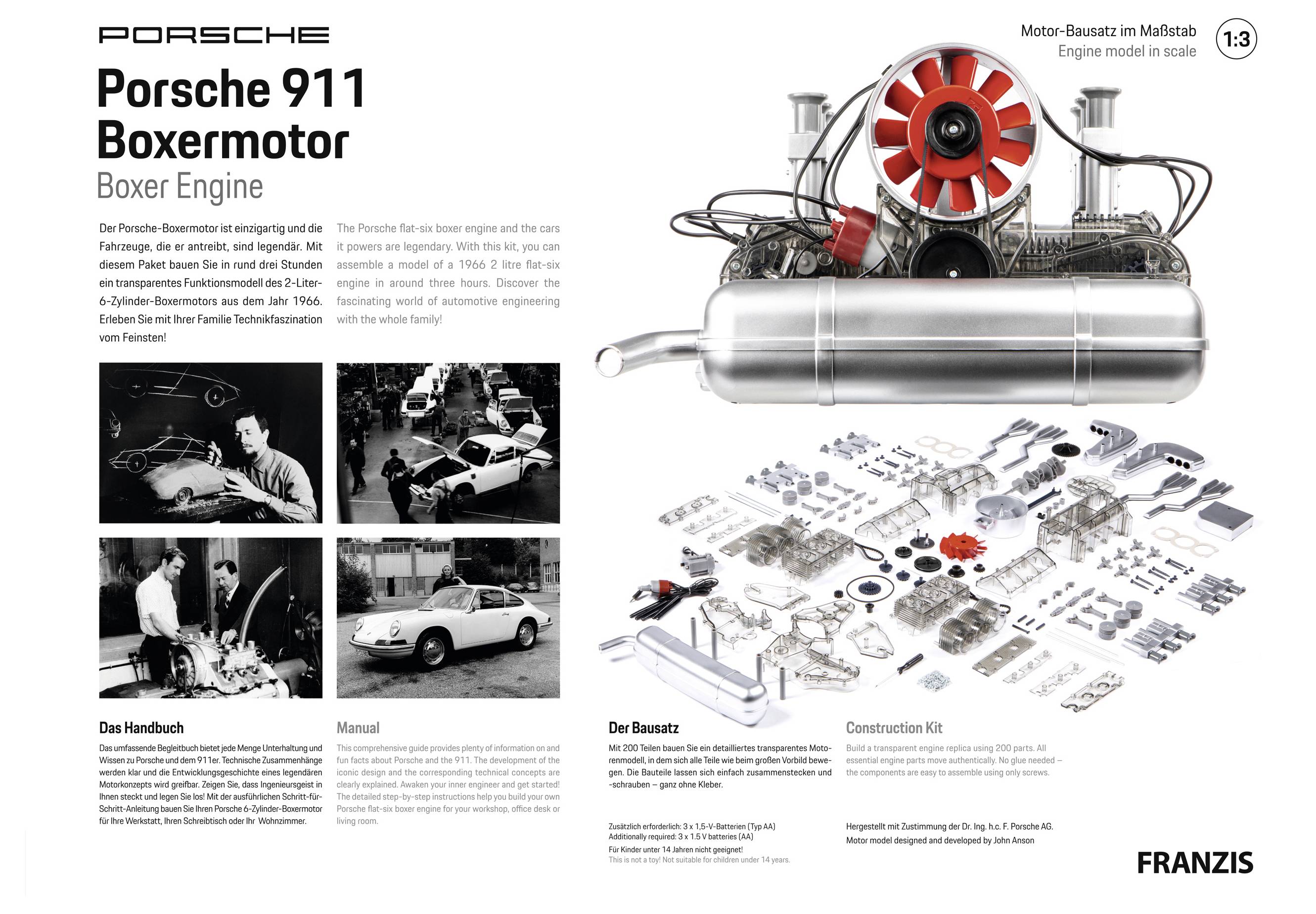 Poster "Porsche 911 Boxermotor", der einen zerlegten Motormodellbausatz zeigt. Diagramm mit Details zu Motorteilen und Montageanleitung.