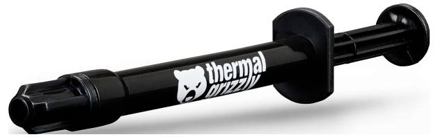 Eine schwarze Spritzenröhre, beschriftet mit "Thermal Grizzly", die zur Auftragung von Wärmeleitpaste auf elektronische Komponenten zur Verbesserung der Wärmeleitung verwendet wird.