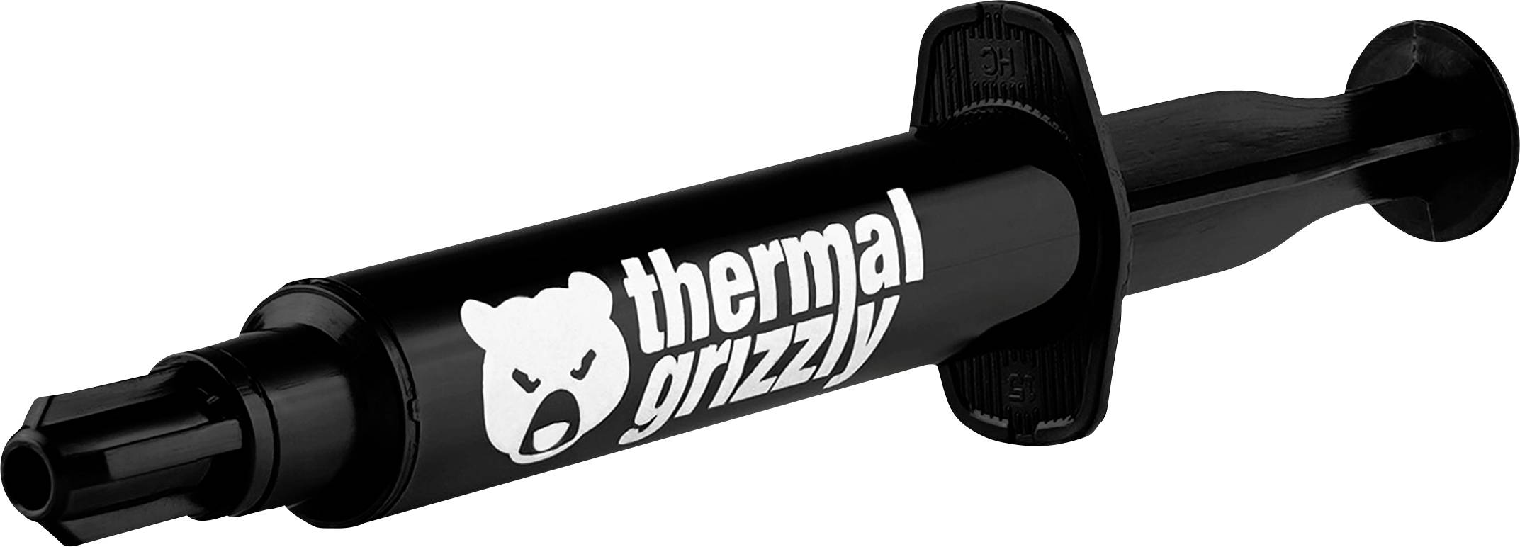 Ein spritzenähnlicher Behälter mit der Aufschrift "Thermal Grizzly", der zum Auftragen von Wärmeleitpaste zur Verbesserung der Wärmeleitung in Computerkomponenten verwendet wird.