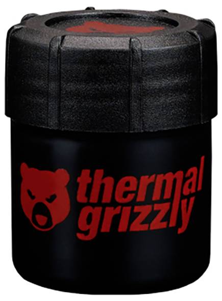 Ein schwarzer Behälter mit einem strukturierten schwarzen Deckel, der ein rotes Bärenlogo und den Text „thermal grizzly" in Rot an seiner Seite trägt.