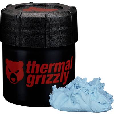 Ein schwarzer Behälter mit 'Thermal Grizzly' in roter Schrift und Logo, neben einem Haufen blauer Wärmeleitpaste.
