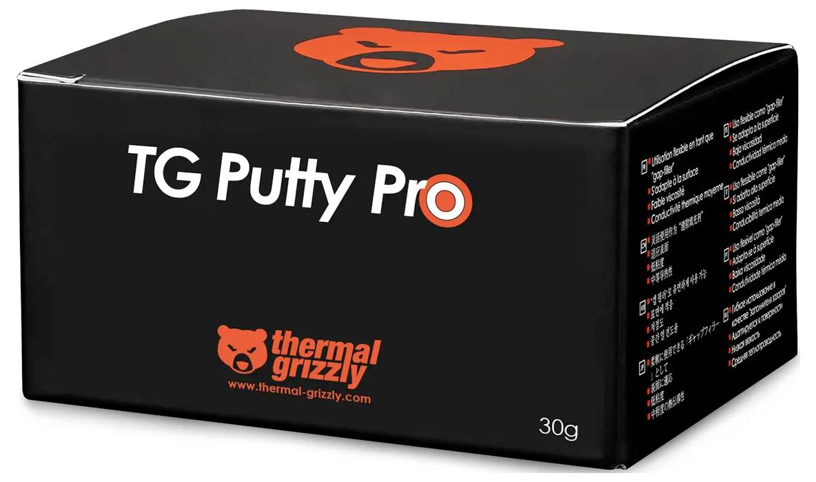 Eine schwarze Schachtel mit der Aufschrift "TG Putty Pro" und dem Thermal Grizzly Logo. Die Verpackung deutet auf ein Wärmeleitmedium hin, in der Größe von 30g.