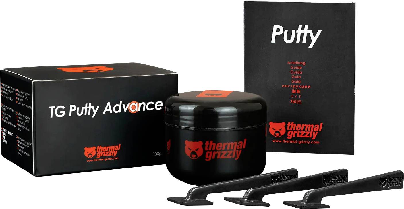 'TG Putty Advance' Verpackung mit Behälter, Anleitung und Applikatoren. Verwendet zur Verbesserung der Wärmeleitfähigkeit in elektronischen Komponenten.