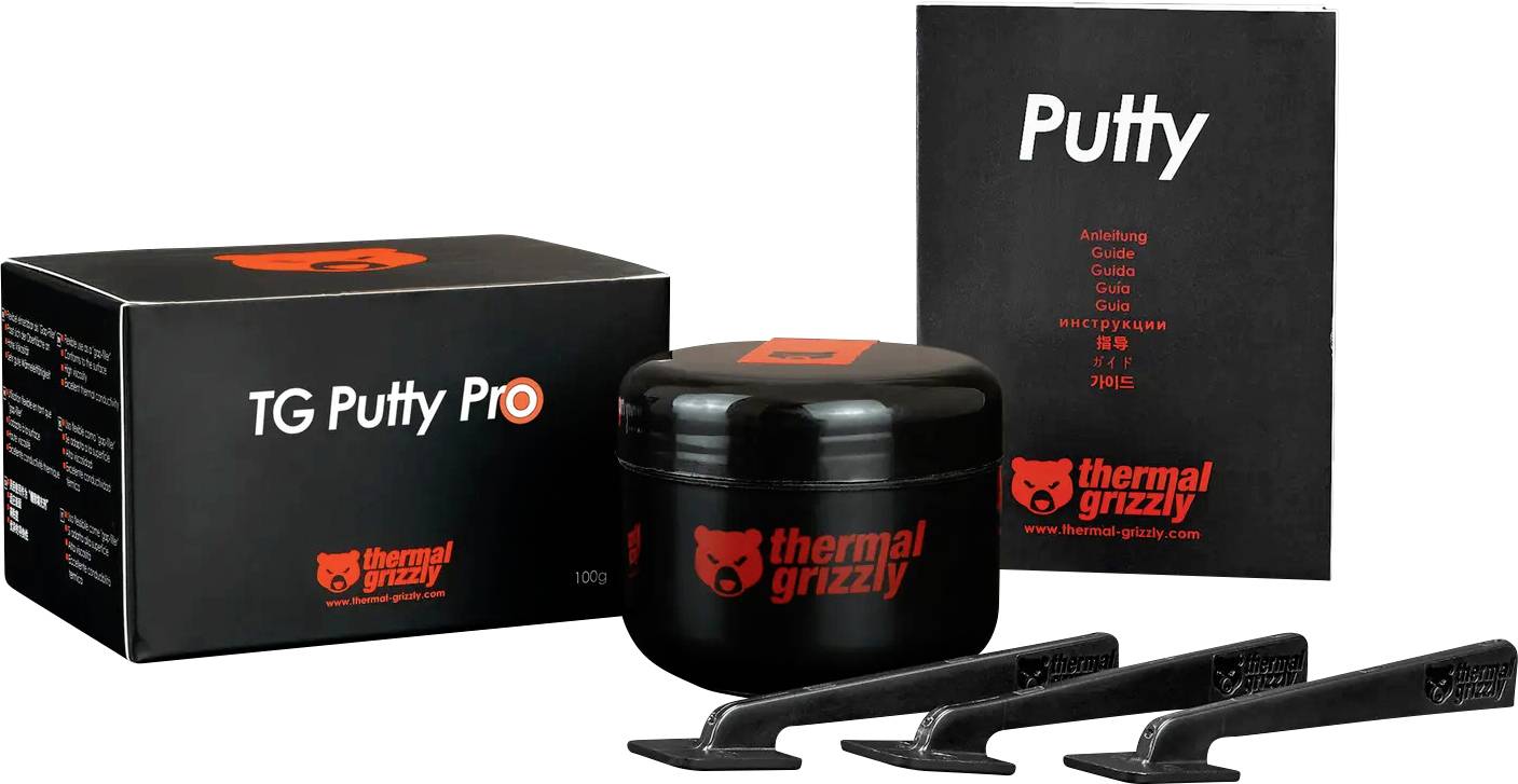 Verpackung von 'TG Putty Pro' mit einem Behälter mit Wärmeleitpaste, drei Anwendungswerkzeugen und einem Handbuch.