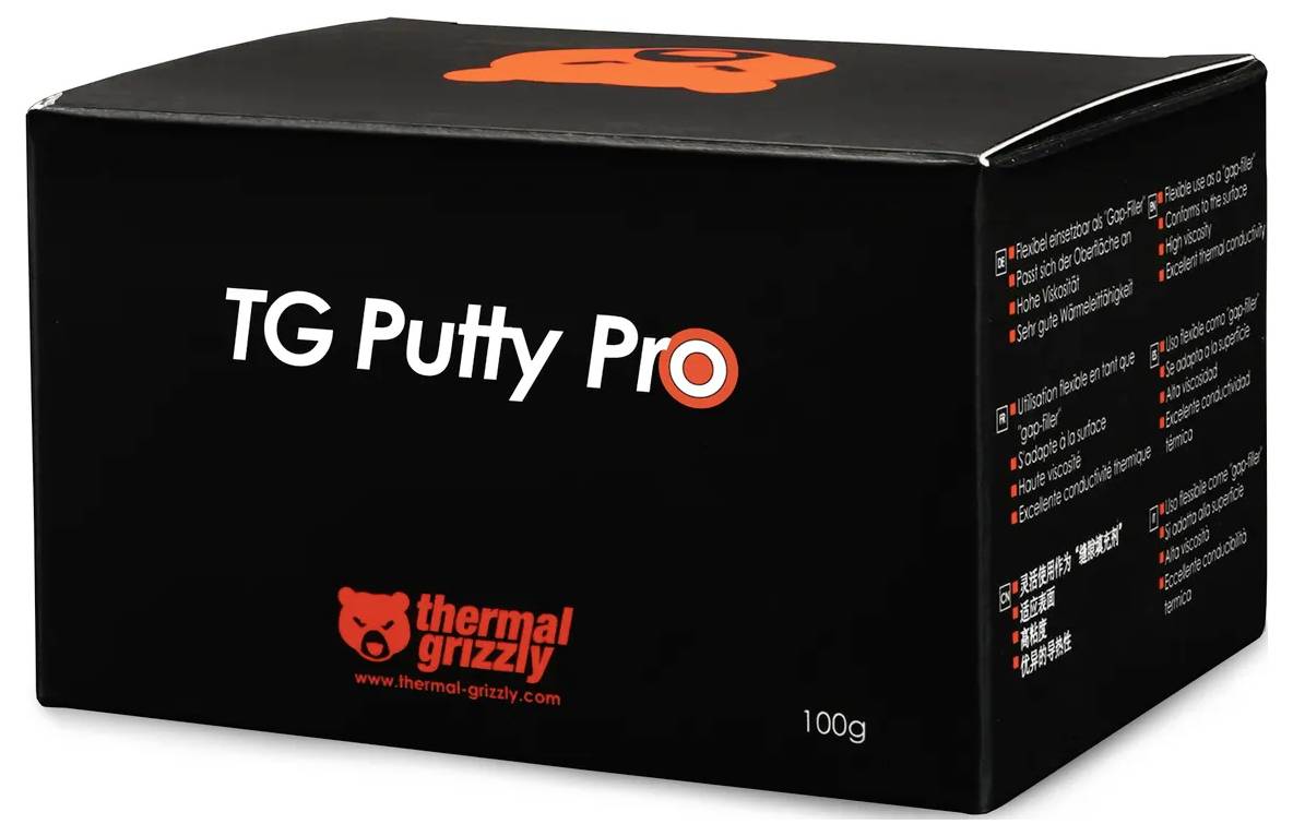 Schwarze Verpackung für TG Putty Pro mit einem roten Bären-Logo und dem Schriftzug "thermal grizzly", die ein Gewicht von 100g hervorhebt.