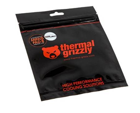 Hochleistungs-Kühlungslösungen' schwarze Verpackung von Thermal Grizzly, mit einem Bären-Logo. Enthält einen 'Minus Pad 8'.