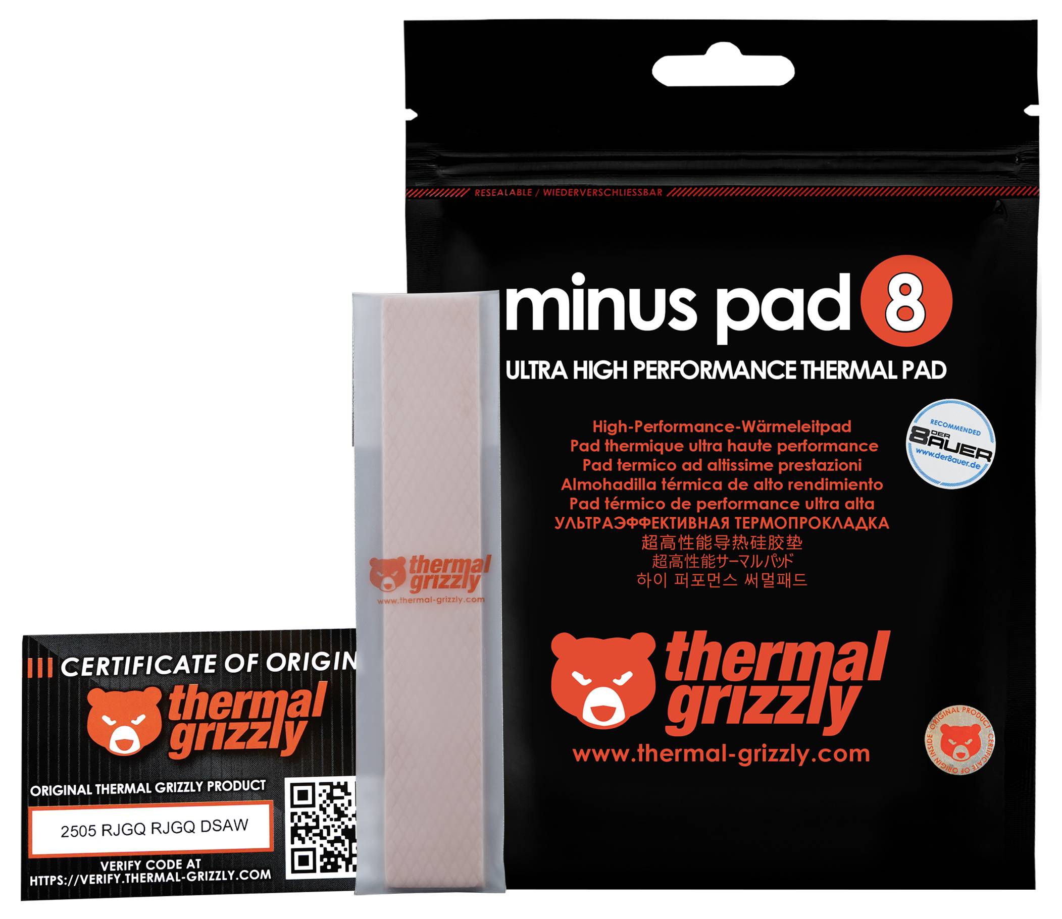 "Minus Pad 8" von Thermal Grizzly; Verpackung eines Ultra-High-Performance-Wärmeleitpads mit Produktdetails und Herkunftszertifikatscode.
