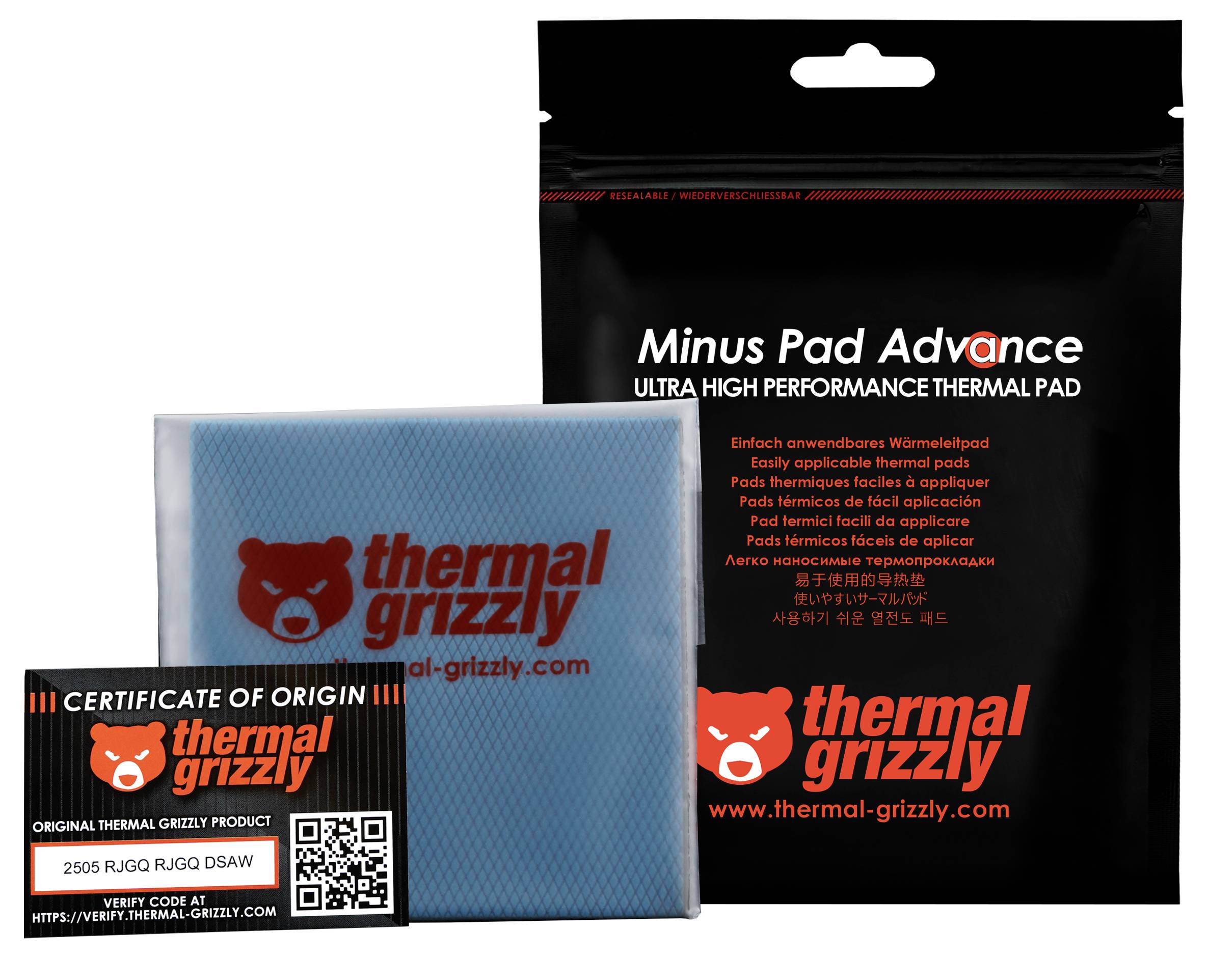 Verpackung des "Minus Pad Advance" Wärmeleitpads mit Branding und Herkunftszertifikat. Die Verpackung betont die hohe Leistungsfähigkeit und Anwendungsdetails.