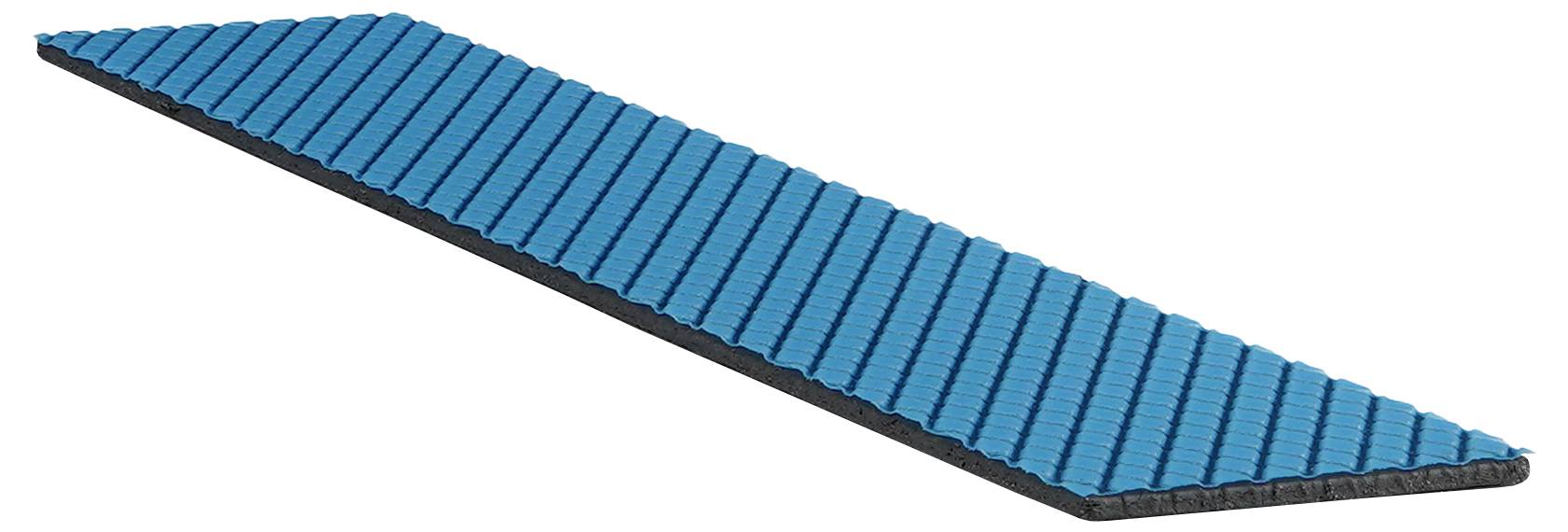 Eine blaue, gerippte, rechteckige Matte, die aus einem Winkel betrachtet wird, mit einer strukturierten schwarzen Unterseite, die häufig zur Polsterung oder Isolierung verwendet wird.