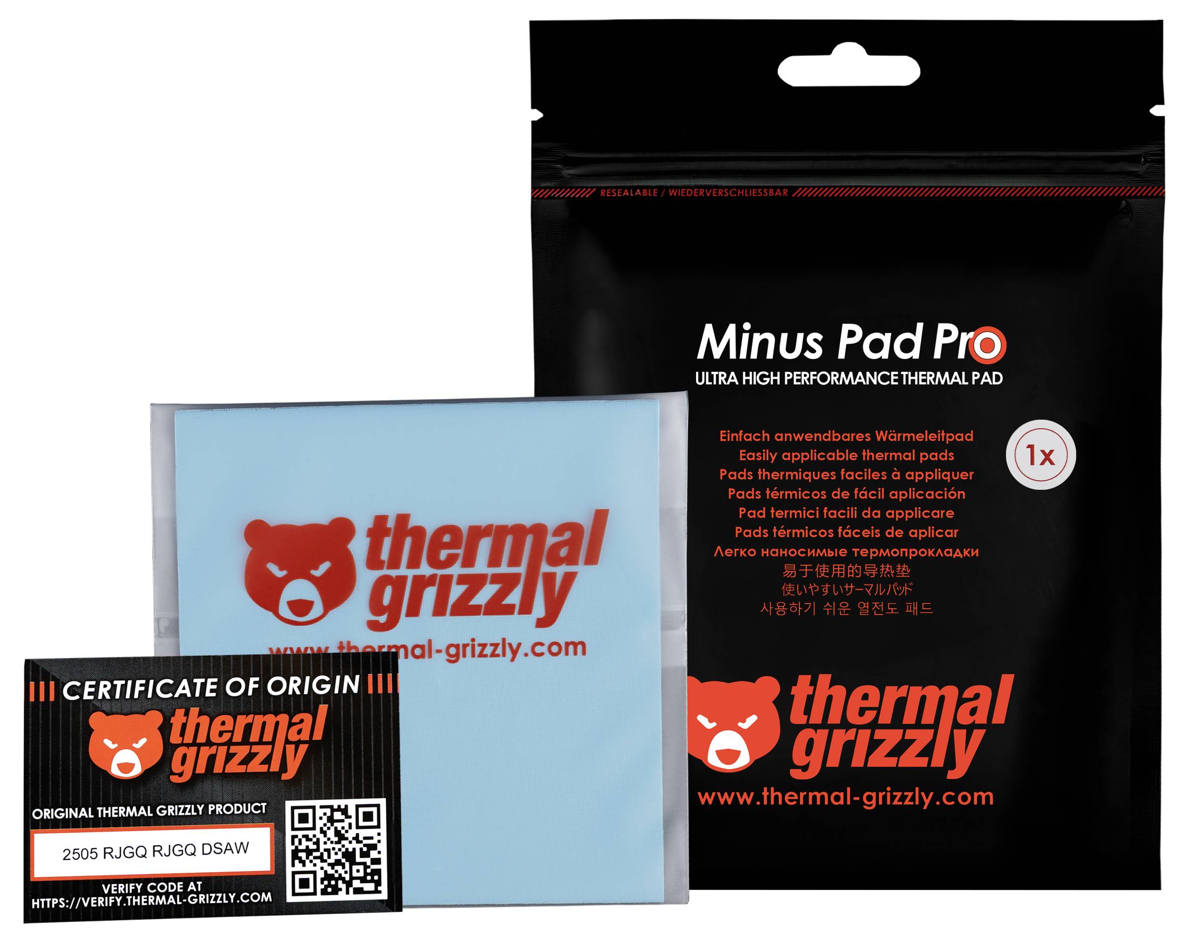 Verpackung von 'Thermal Grizzly Minus Pad Pro' mit einem Ursprungszertifikat und sichtbarer Markierung auf der Padverpackung.