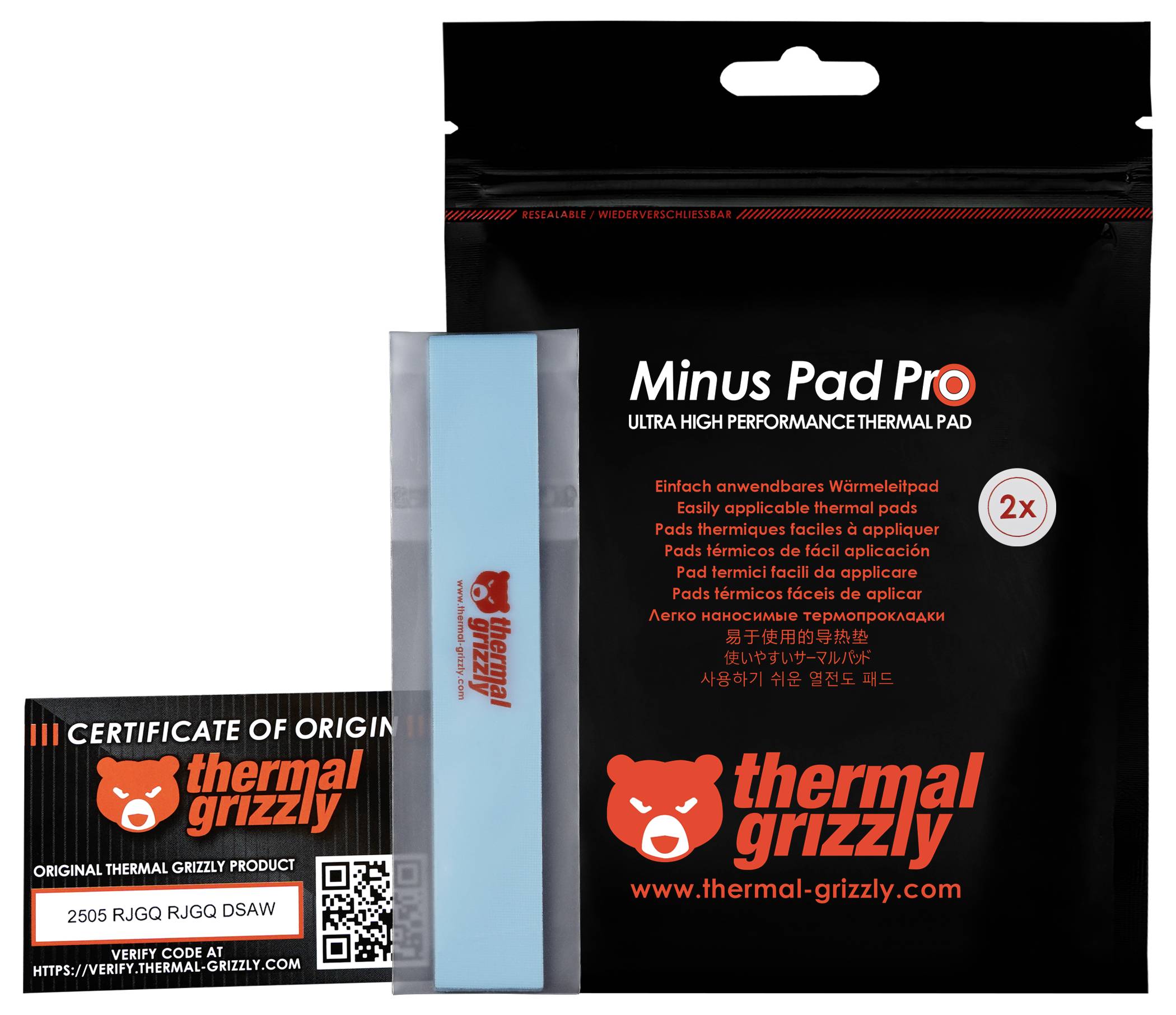 Thermal Grizzly Minus Pad Pro Verpackung, ein hochleistungsfähiger Wärmeübertragungspad, mit Ursprungszertifikat und QR-Code zur Überprüfung.