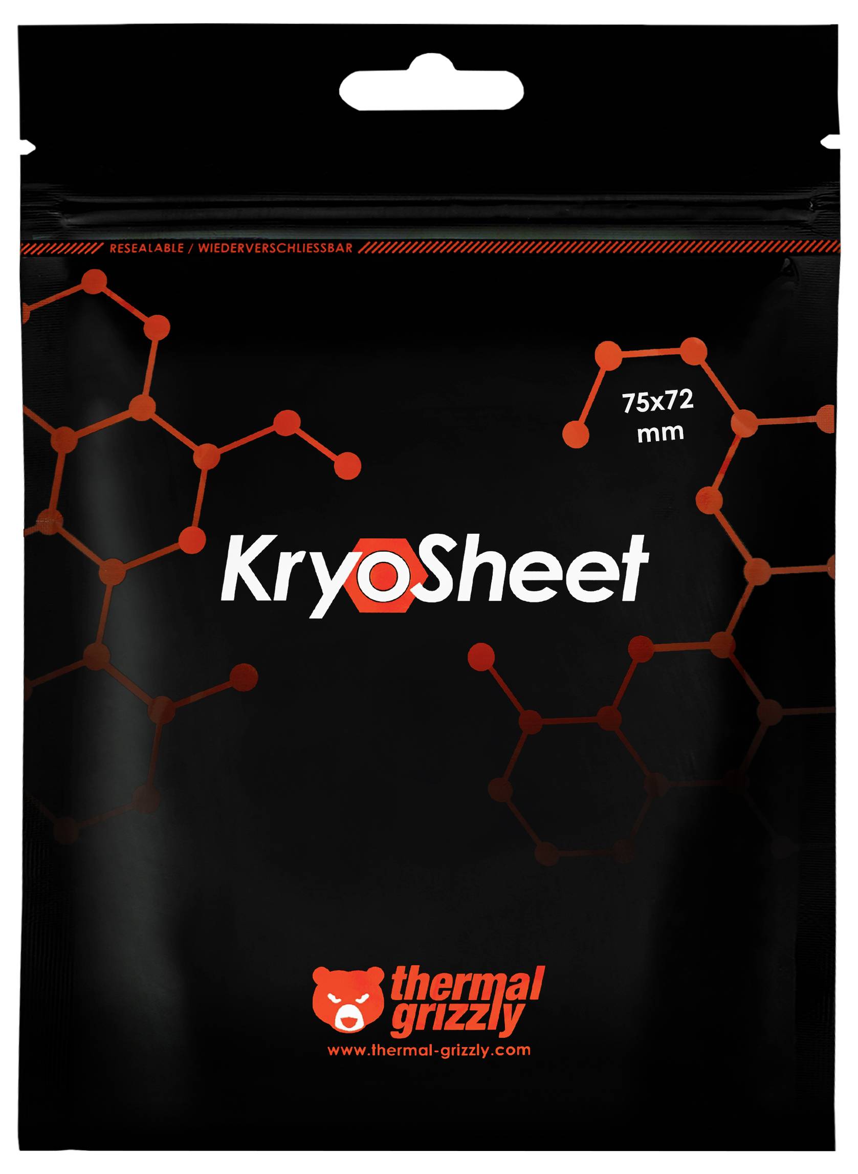 Verpackung "KryoSheet 75x72 mm" mit orangefarbenem sechseckigen Muster, ausgestattet mit einem Bärenlogo und der Markenbezeichnung "thermal grizzly" am unteren Rand.