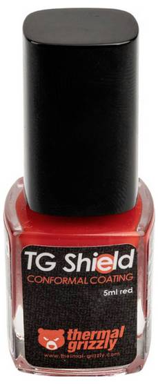 "Red TG Shield Schutzlack, 5ml" von Thermal Grizzly, schwarzer Deckel, verwendet zum Schutz von elektronischen Bauteilen.