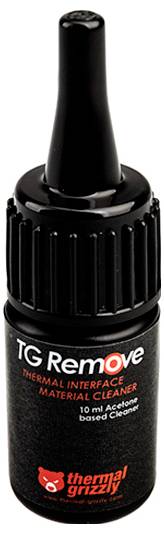 Flasche von Thermal Grizzly TG Remove, ein Reinigungsmittel für Wärmeübergangsmaterial, gekennzeichnet als 10 ml acetonbasierter Reiniger, schwarzer Deckel.
