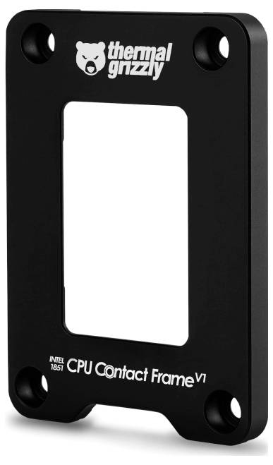 Schwarzer 'Thermal Grizzly' CPU-Kontaktrahmen mit rechteckiger Aussparung, entwickelt für Intel LGA 1700, Version 1, vor weißem Hintergrund.