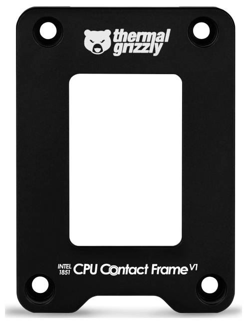Ein schwarzer CPU-Kontaktrahmen mit der Beschriftung "Thermal Grizzly" und "CPU Contact Frame V1" mit vier Ecklöchern, entwickelt für die Installation am Intel-1851-Sockel.